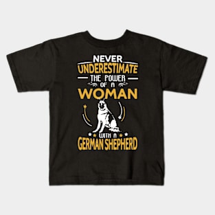 Never Underestimate Woman With A German Shepherd Kids T-Shirt